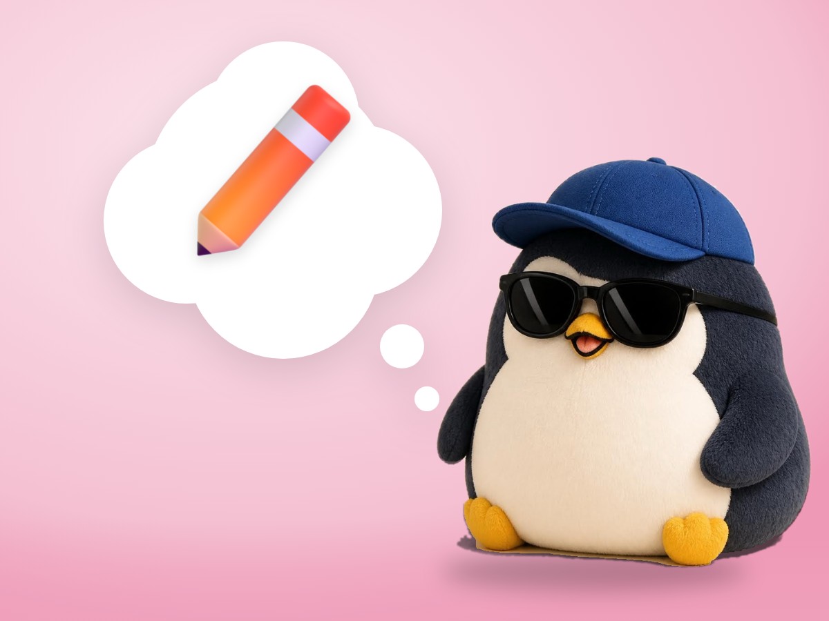A low-poly wood and paper penguin on a green hill pointing with one flipper at a small house across a valley
