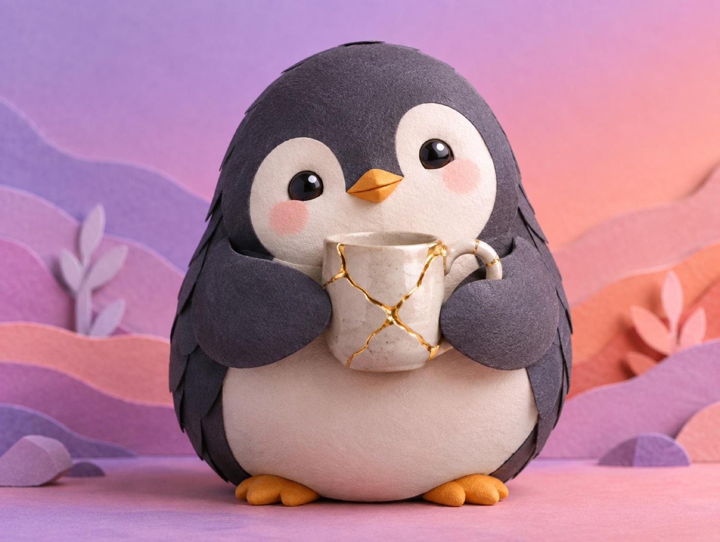 A cut paper diorama penguin holding a mug repaired with gold lines