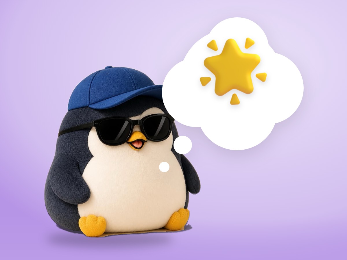 A chubby hand-embroidered felt penguin happily operating a real theater spotlight from backstage