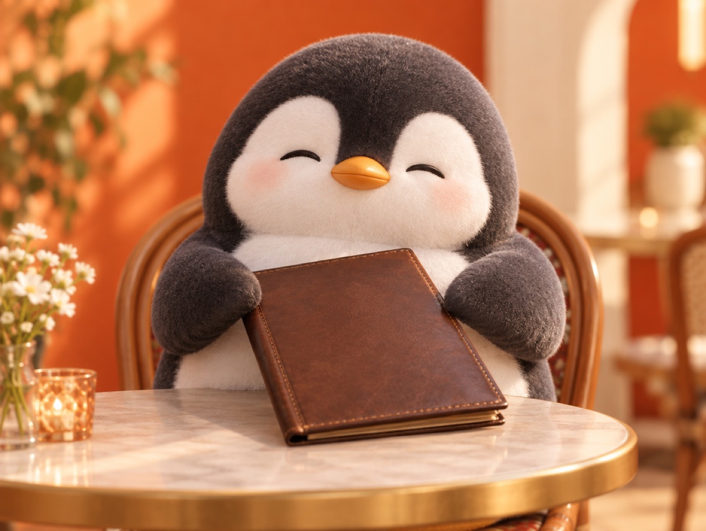 A crocheted amigurumi penguin happily closing a small restaurant menu at a cafe table