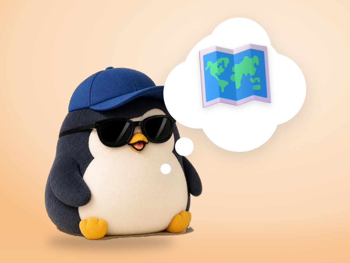 A chubby matte plastic model kit penguin looking through a real brass telescope toward a bright horizon