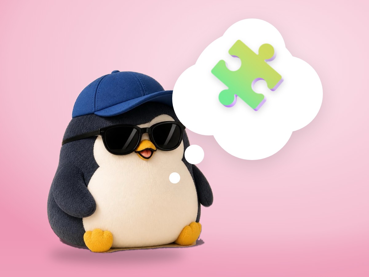 A matte plastic model kit penguin happily holding up one big wooden jigsaw puzzle piece