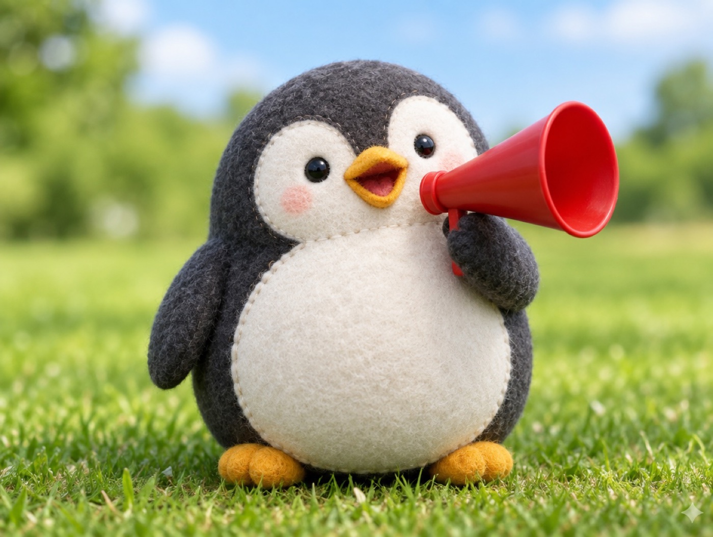 A chubby hand-embroidered felt penguin calmly speaking into a small vintage microphone in a green park