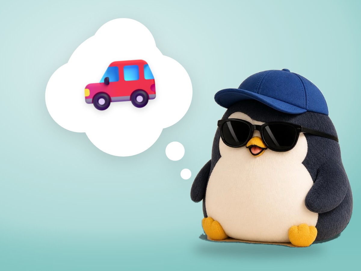 A chubby layered cut paper penguin calmly holding a clean white ceramic plate in a simple kitchen scene