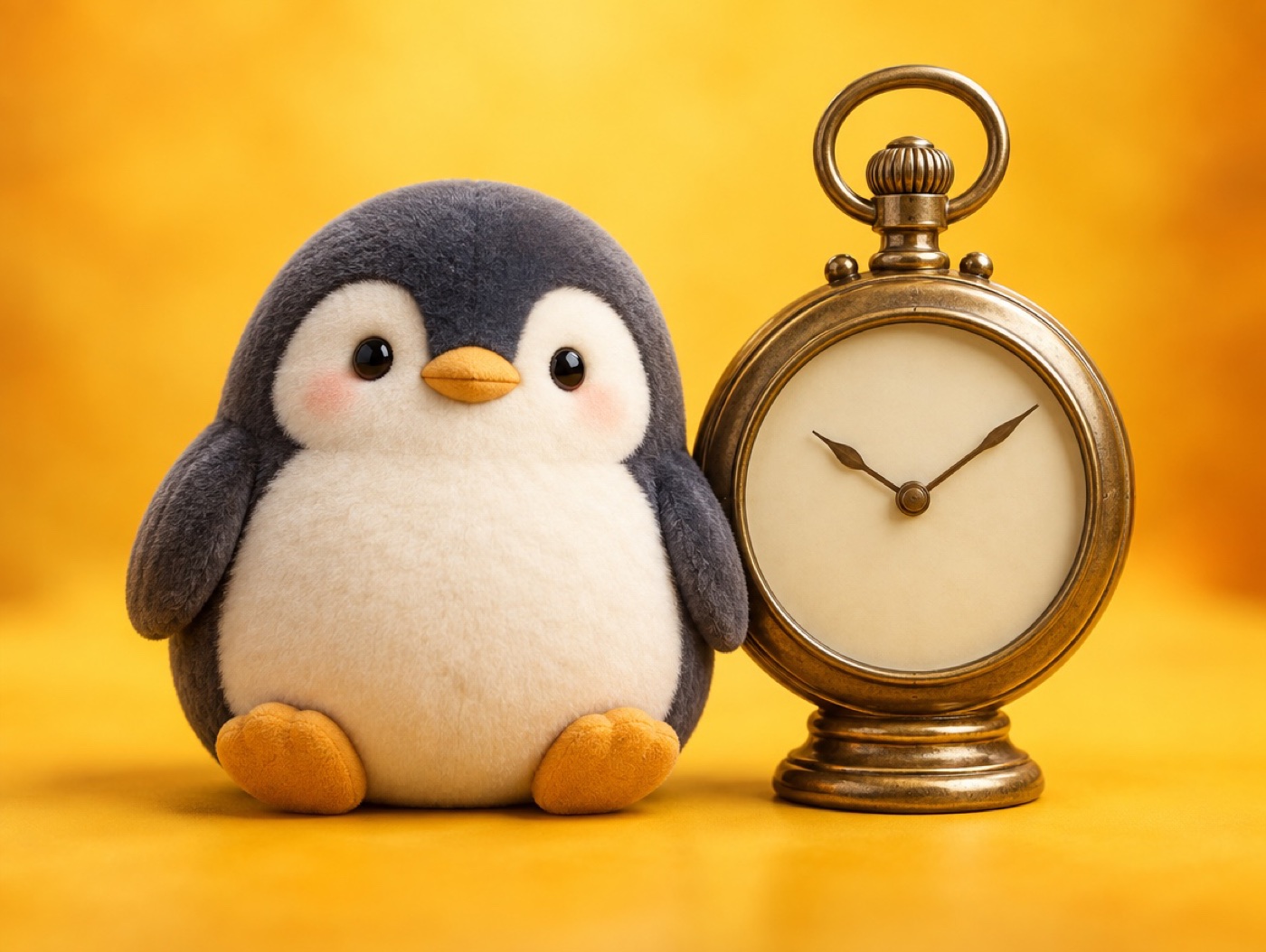 A chubby crocheted amigurumi penguin sitting beside a big realistic wooden hourglass with golden sand