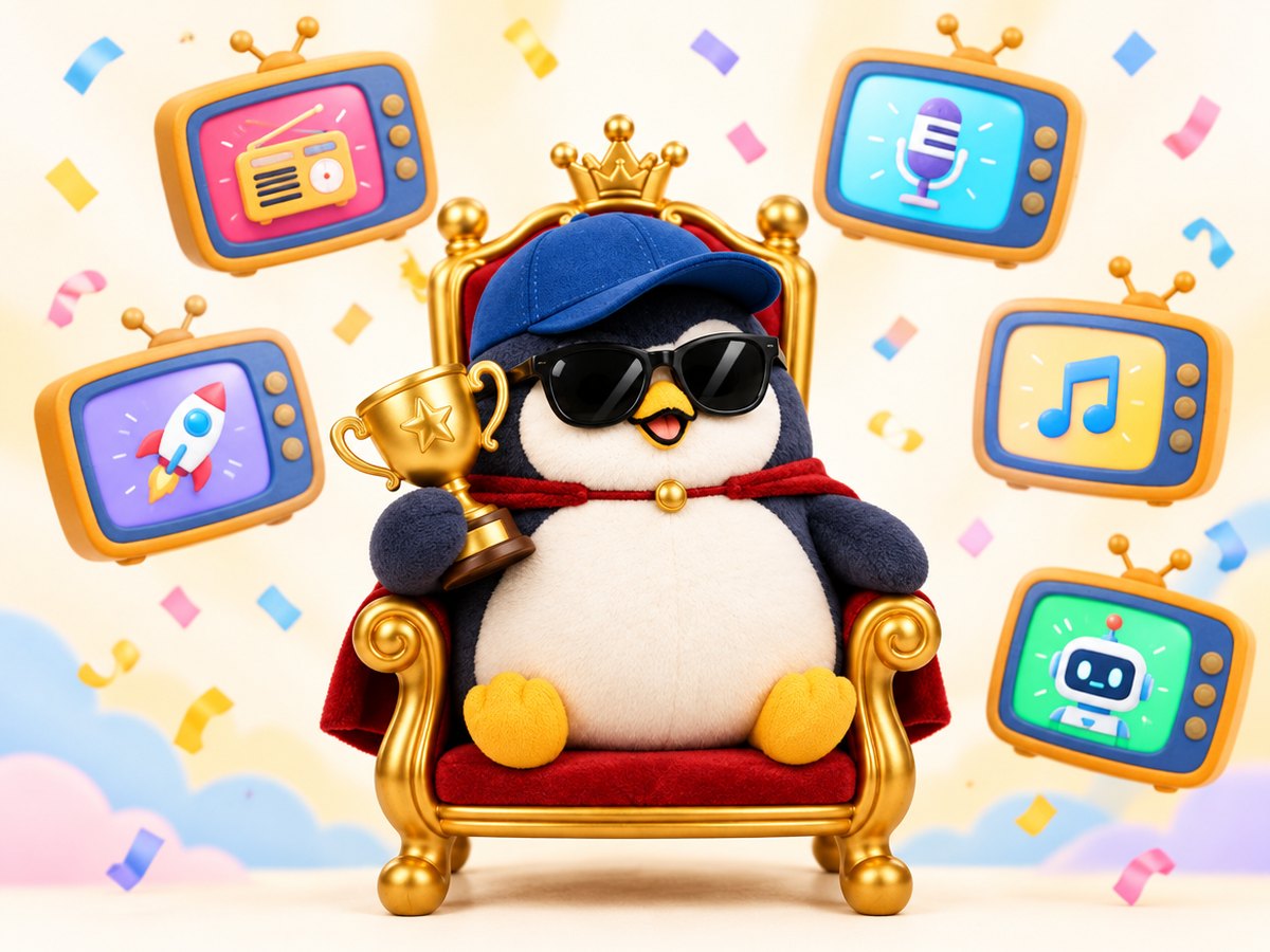 A navy plush penguin king with sunglasses on a golden throne holding a trophy, with small TV screens floating around